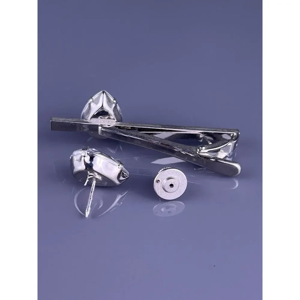 Large White Acrylic Teardrop Cufflinks Tie Clip Pin Set Silver Tone Vintage